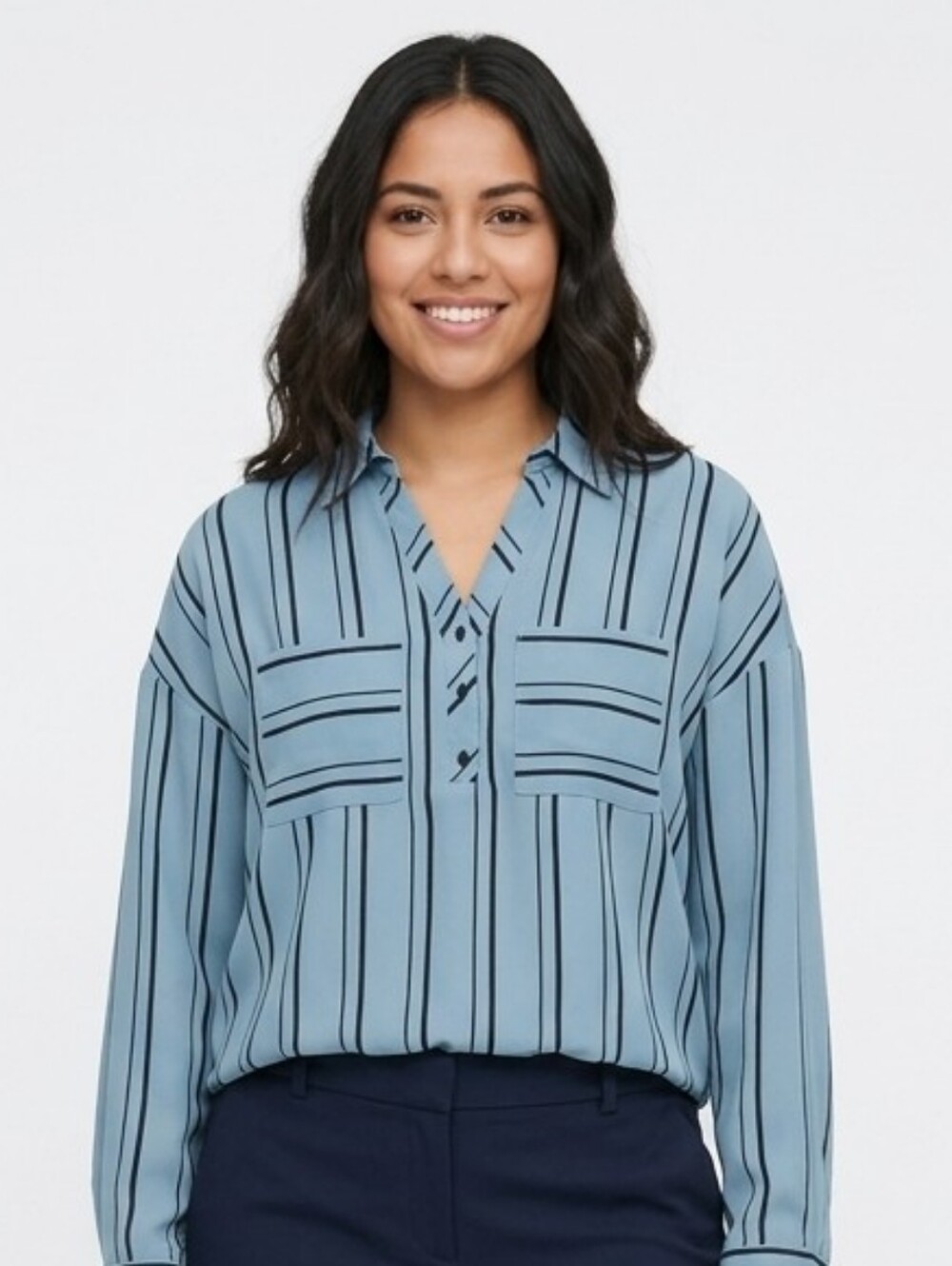 Woven Blue Striped V-Neck Button-Down Shirt for Women